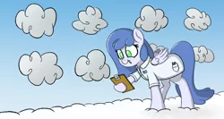 Size: 1400x746 | Tagged: artist needed, safe, derpibooru import, oc, oc:raincloud drops, unofficial characters only, pegasus, pony, blue coat, blue mane, blue tail, clipboard, cloud, green eyes, on a cloud, pencil, sky, solo, standing on cloud