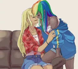 Size: 896x796 | Tagged: suggestive, artist:puri__kyua, derpibooru import, kotobukiya, applejack, rainbow dash, human, appledash, dark skin, female, humanized, kotobukiya applejack, kotobukiya rainbow dash, lesbian, shipping