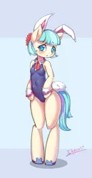 Size: 1269x2450 | Tagged: suggestive, artist:54600, derpibooru import, coco pommel, anthro, earth pony, unguligrade anthro, adorasexy, arm hooves, bipedal, blushing, breasts, bunny ears, bunny suit, bunny tail, clothes, cocobetes, cropped, cuffs (clothes), cute, delicious flat chest, fake tail, female, leotard, looking at you, mare, playboy bunny, sexy, solo, solo female, stupid sexy coco pommel