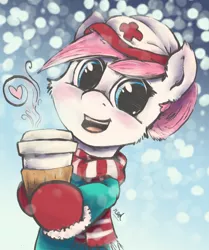 Size: 2388x2859 | Tagged: safe, artist:redcladhero, derpibooru import, nurse redheart, earth pony, pony, bust, cheek fluff, clothes, cup, cute, female, hat, heart, heartabetes, hoof hold, hot drink, looking at you, mare, open mouth, scarf, signature, snow, snowfall, solo, winter, winter outfit