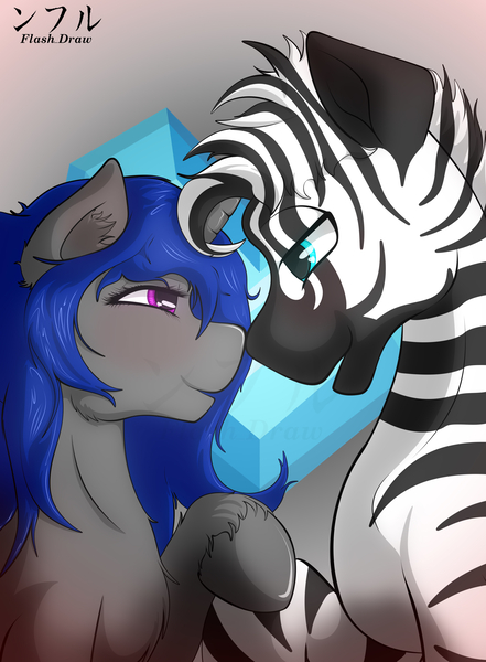 Size: 2550x3468 | Tagged: safe, artist:flash_draw, derpibooru import, oc, oc:gale thundercloud, oc:lucatiel, unofficial characters only, pony, unicorn, zebra, blushing, couple, galatiel, happy, heart, heart eyes, shipping, smiley face, wingding eyes