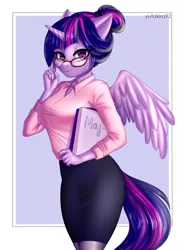 Size: 2952x4000 | Tagged: abstract background, adorkable, alicorn, alternate hairstyle, anthro, artist:yutakira92, big breasts, book, breasts, clothes, cute, derpibooru import, dork, female, glasses, hair bun, heart eyes, looking at you, mare, pantyhose, pencil skirt, safe, shirt, skirt, solo, teacher, twiabetes, twilight sparkle, twilight sparkle (alicorn), wingding eyes, wings