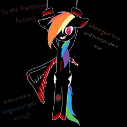 Size: 1000x1000 | Tagged: grimdark, artist:rainbow dash is best pony, derpibooru import, rainbow dash, pegasus, pony, fanfic:rainbow factory, 1000 hours in ms paint, abuse, black background, bleeding, blood, broken wing, bruised, chains, dashabuse, gap teeth, grin, rainbow factory dash, shackles, simple background, smiling, solo, text, wings