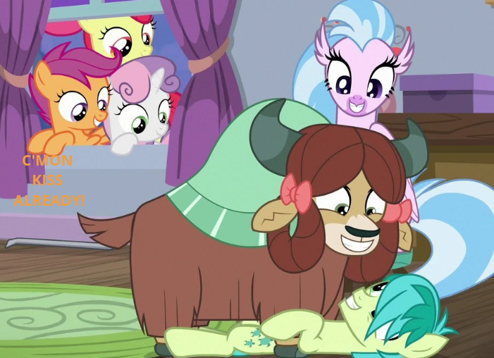 Size: 701x508 | Tagged: safe, derpibooru import, edit, edited screencap, screencap, apple bloom, sandbar, scootaloo, silverstream, sweetie belle, yona, earth pony, hippogriff, pegasus, pony, unicorn, yak, school raze, bedroom, caption, cropped, cute, female, hair over one eye, hanging on, happy, in love, just kiss already, looking at each other, lying down, male, monkey swings, peeking, raised hoof, shipper on deck, shipping, straight, yonabar, yonadorable