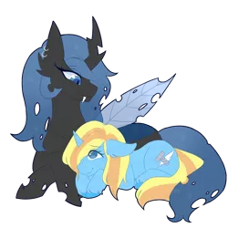 Size: 2024x2024 | Tagged: safe, artist:vitrei, derpibooru import, oc, oc:queen lahmia, oc:skydreams, unofficial characters only, changeling, pony, unicorn, blue changeling, changeling oc, female, mare, snuggling