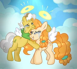 Size: 1964x1755 | Tagged: safe, artist:doraeartdreams-aspy, derpibooru import, grand pear, pear butter, earth pony, pony, angel, bittersweet, crying, father and child, father and daughter, female, heaven, male, reunion