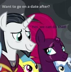 Size: 258x259 | Tagged: safe, derpibooru import, edit, edited screencap, screencap, chancellor neighsay, lemon hearts, pokey pierce, tempest shadow, pony, my little pony: the movie, the ending of the end, asking, broken horn, caption, chat, close-up, cropped, dating, female, horn, i ship it, just kiss already, looking at each other, male, meme, ponies standing next to each other, scar, shipping, straight, tempest neighsay