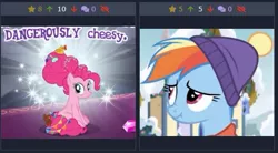 Size: 485x267 | Tagged: safe, derpibooru import, screencap, pinkie pie, rainbow dash, earth pony, pony, derpibooru, best gift ever, the last problem, cute, dashabetes, gameloft, juxtaposition, juxtaposition win, meme, meta, older, older pinkie pie, scrunchy face, sitting, solo, wow! glimmer