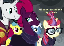 Size: 388x281 | Tagged: safe, derpibooru import, edit, edited screencap, screencap, chancellor neighsay, lemon hearts, moondancer, pokey pierce, tempest shadow, pony, my little pony: the movie, the ending of the end, asking, broken horn, caption, close-up, dating, female, horn, i ship it, just kiss already, looking at each other, looking at someone, male, meme, ponies standing next to each other, question, scar, shipping, straight, tempest neighsay