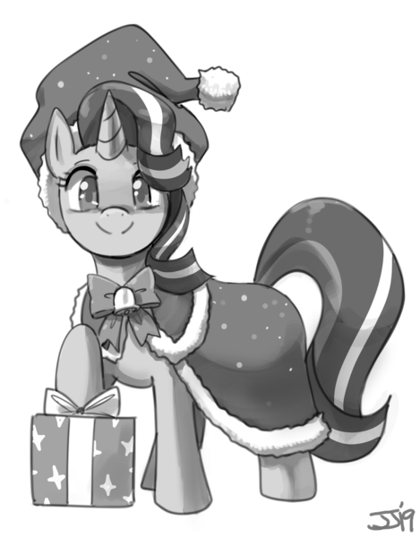 Size: 1100x1408 | Tagged: safe, artist:johnjoseco, derpibooru import, starlight glimmer, pony, unicorn, ask gaming princess luna, christmas, clothes, costume, cute, female, glimmerbetes, grayscale, holiday, looking at you, mare, monochrome, present, santa claus, santa costume, simple background, solo, white background