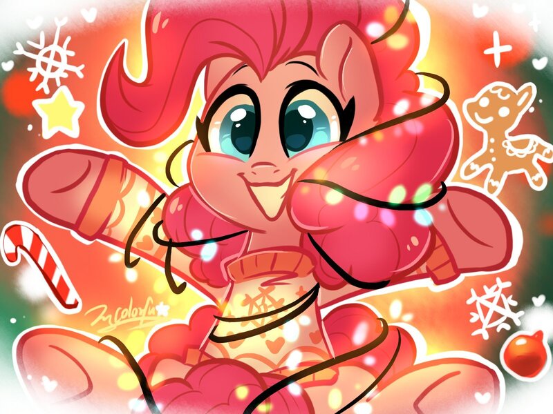 Size: 1600x1200 | Tagged: safe, artist:colorfulcolor233, derpibooru import, pinkie pie, earth pony, pony, candy, candy cane, christmas, christmas lights, christmas sweater, clothes, cute, diapinkes, female, food, gingerbread pony, holiday, mare, ornament, smiling, snow, snowflake, solo, stars, sweater