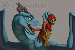 Size: 2000x1333 | Tagged: safe, artist:theandymac, derpibooru import, oc, oc:kian, oc:saewin, unofficial characters only, bird, dragon, gryphon, turkey, dragon oc, duo, griffon oc, grumpy, licking, male, tongue out, turkey costume