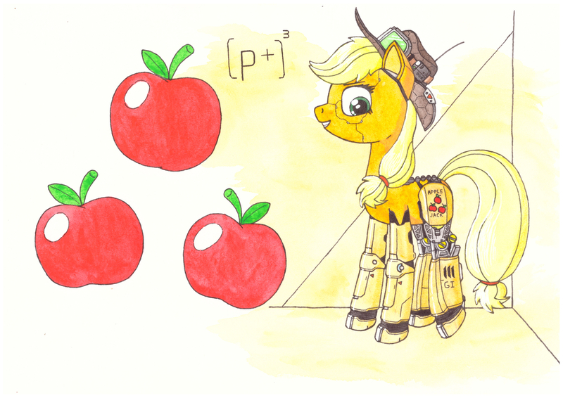 Size: 1280x906 | Tagged: safe, artist:zocidem, derpibooru import, applejack, cyborg, earth pony, pony, appleborg, augmented, crossover, deus ex, drawing, hat, technology, traditional art