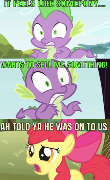 Size: 593x972 | Tagged: episode needed, safe, derpibooru import, edit, edited screencap, editor:undeadponysoldier, screencap, apple bloom, spike, dragon, earth pony, pony, series:spikebob scalepants, bow, comic, female, filly, jellyfish hunter, male, offscreen character, reference, scared, screencap comic, spongebob squarepants