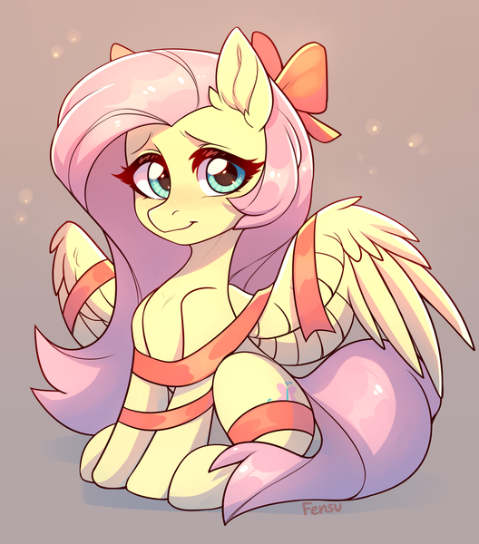 Size: 1761x2000 | Tagged: safe, artist:fensu-san, derpibooru import, fluttershy, pegasus, pony, bow, christmas, cute, ear fluff, female, gift wrapped, holiday, mare, present, ribbon, shyabetes, sitting, solo, spread wings, wings