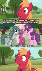 Size: 928x1566 | Tagged: safe, artist:doodleponyxx, derpibooru import, edit, edited screencap, screencap, big macintosh, cheerilee, marble pie, sugar belle, earth pony, pony, unicorn, a happy ending for marble pie, apple, apple tree, awkward, caption, comic, concerned, confused, cropped, female, food, friendship, friendshipping, male, not lesbian, screencap comic, shipping, shocked, shocked expression, silence, smiling, straight, stunned, sugarmac, surprised, surprised face, sweet apple acres, tree, worried, youtube link, youtube link in the description