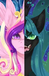 Size: 1200x1854 | Tagged: safe, artist:tomocreations, artist:tomoyuki, derpibooru import, princess cadance, queen chrysalis, alicorn, changeling, changeling queen, pony, duo, female, mare