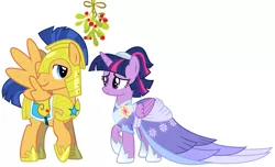 Size: 2091x1273 | Tagged: safe, derpibooru import, flash sentry, twilight sparkle, twilight sparkle (alicorn), alicorn, the last problem, armor, christmas, clothes, coronation dress, cute, diasentres, dress, female, flashlight, hearth's warming, heartwarming, holiday, looking at each other, male, mistleholly, mistletoe, royal guard armor, second coronation dress, shipping, shipping fuel, smiling, straight, twiabetes