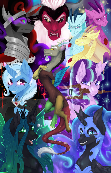 Size: 1200x1855 | Tagged: safe, artist:tomocreations, artist:tomoyuki, derpibooru import, adagio dazzle, aria blaze, discord, king sombra, lord tirek, nightmare moon, queen chrysalis, sonata dusk, starlight glimmer, trixie, alicorn, centaur, changeling, changeling queen, draconequus, siren, unicorn, alicorn amulet, antagonist, fangs, female, sharp teeth, staff, staff of sameness, teeth, the dazzlings