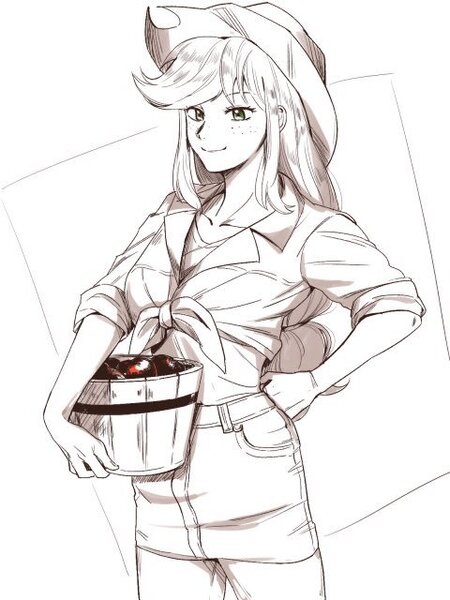 Size: 480x640 | Tagged: abstract background, apple, applejack, artist:yakieringi014, bucket, cowboy hat, cute, derpibooru import, female, food, front knot midriff, hand on hip, hat, human, humanized, jackabetes, midriff, monochrome, partial color, safe, solo