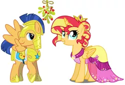 Size: 1880x1272 | Tagged: safe, derpibooru import, edit, flash sentry, sunset shimmer, alicorn, alicornified, alternate hairstyle, armor, christmas, clothes, dress, female, flashimmer, holiday, male, mistleholly, mistletoe, race swap, royal guard armor, shimmercorn, shipping, straight, vector