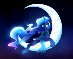 Size: 2196x1775 | Tagged: safe, alternate version, artist:confetticakez, derpibooru import, princess luna, alicorn, pony, chest fluff, clothes, crescent moon, cute, ethereal mane, female, leg fluff, lunabetes, mare, moon, prone, scarf, solo, tangible heavenly object