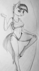 Size: 2153x3916 | Tagged: suggestive, artist:ponsce, derpibooru import, limestone pie, anthro, earth pony, unguligrade anthro, armpits, breasts, clothes, daisy dukes, female, mare, monochrome, shorts, solo, solo female, sports bra, traditional art