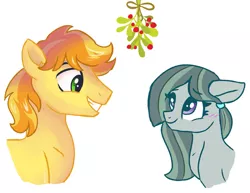 Size: 1929x1488 | Tagged: a happy ending for marble pie, artist:dreamscapevalley edits, blushing, braebetes, braeble, braeburn, christmas, cute, derpibooru import, edit, eye contact, female, hair tie, hearth's warming, heartwarming, holiday, looking at each other, male, marblebetes, marble pie, mare, mistleholly, mistletoe, romantic, safe, shipping, simple background, smiling, stallion, straight, white background