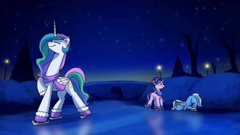 Size: 1920x1080 | Tagged: safe, artist:anticular, derpibooru import, princess celestia, starlight glimmer, trixie, alicorn, pony, unicorn, celestia is amused, christmas, clothes, face down ass up, female, floppy ears, hat, holiday, ice, ice skating, mare, mittens, necc, night, scarf, starlight glimmer is amused, trixie is not amused, unamused, varying degrees of amusement, youtube link