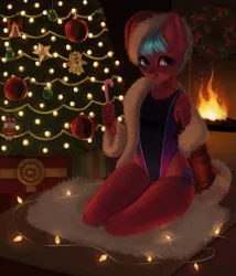 Size: 3000x3500 | Tagged: safe, artist:licoricefairy, derpibooru import, oc, oc:windsweeper, unofficial characters only, anthro, anthro oc, black swimsuit, candy, candy cane, christmas, christmas presents, christmas tree, clothes, coat, female, fireplace, food, hat, heartswarming, high cut, holiday, kneeling, mare, mare only, one-piece swimsuit, present, santa hat, short mane, sitting, smiling, smiling at you, solo, sugar cane, swimsuit, tree, violet swimsuit, wet, x-mas