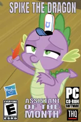 Size: 592x890 | Tagged: box art, caption, cd-rom, cropped, derpibooru import, dragon, edit, edited screencap, editor:undeadponysoldier, employee of the month, episode needed, game rating, hasbro, hasbro logo, hat, image macro, lidded eyes, male, parody, pc game, pc logo, quill, rated e, safe, screencap, series:spikebob scalepants, solo, spike, spongebob's hat, spongebob squarepants, text, thq, thq logo, video game