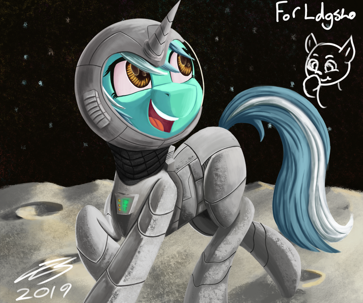 Size: 2400x2000 | Tagged: safe, artist:ilicksunshine, derpibooru import, lyra heartstrings, pony, unicorn, astronaut, moon, smiling, solo, space, spacesuit