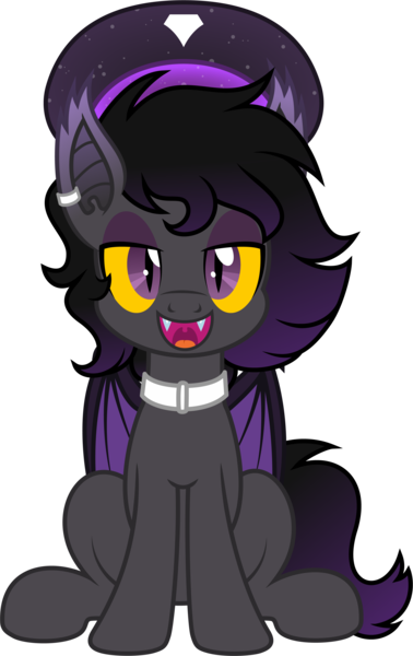 Size: 3000x4765 | Tagged: safe, artist:pirill, derpibooru import, oc, oc:zenaris blackmour, unofficial characters only, bat pony, pony, 2020 community collab, derpibooru community collaboration, clothes, collar, dyed mane, dyed tail, ear piercing, eyeshadow, fangs, hat, image, makeup, male, open mouth, piercing, png, simple background, sitting, solo, stallion, transparent background, trap, vector