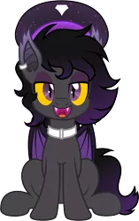 Size: 3000x4765 | Tagged: safe, artist:pirill, derpibooru import, oc, oc:zenaris blackmour, unofficial characters only, bat pony, pony, 2020 community collab, derpibooru community collaboration, clothes, collar, dyed mane, dyed tail, ear piercing, eyeshadow, fangs, hat, image, makeup, male, open mouth, piercing, png, simple background, sitting, solo, stallion, transparent background, trap, vector