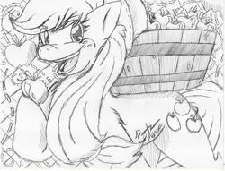 Size: 1021x782 | Tagged: safe, artist:petanoprime, derpibooru import, applejack, earth pony, pony, apple, bucket, female, food, freckles, hoof hold, mare, monochrome, open mouth, signature, smiling, solo, traditional art