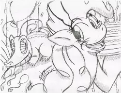 Size: 1018x784 | Tagged: safe, artist:petanoprime, derpibooru import, gummy, pinkie pie, alligator, earth pony, pony, balloon, cake, duo, female, food, hoof hold, lineart, mare, monochrome, open mouth, signature, smiling, traditional art