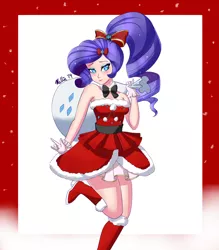 Size: 3500x4000 | Tagged: artist:melliedraws, bare shoulders, boots, christmas, clothes, derpibooru import, female, holiday, human, humanized, ponytail, rarity, safe, santa sack, shoes, skirt, sleeveless, solo