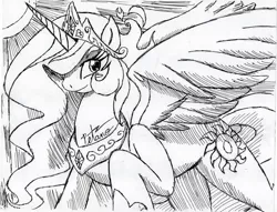 Size: 1022x782 | Tagged: safe, artist:petanoprime, derpibooru import, princess celestia, alicorn, pony, female, hoof shoes, mare, monochrome, raised hoof, signature, solo, sun, traditional art