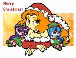 Size: 1412x1086 | Tagged: safe, artist:queentigrel, derpibooru import, adagio dazzle, aria blaze, sonata dusk, equestria girls, bare shoulders, breasts, bust, button eyes, candy, candy cane, christmas, cleavage, eating, food, hat, holiday, mouth hold, plushie, puffy cheeks, santa hat, solo, the dazzlings