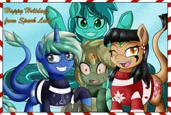 Size: 2039x1378 | Tagged: artist:novaspark, christmas, christmas card, christmas sweater, clothes, derpibooru import, goo, goo pony, holiday, lamia, monster mare, monster pony, oc, oc:mocha glaze, oc:morpha, oc:nova spark, oc:sahara, original species, safe, species swap, sweater, tatzlpony, transformation, unofficial characters only