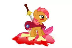 Size: 1600x1072 | Tagged: semi-grimdark, artist:php50, derpibooru import, apple bloom, babs seed, earth pony, pony, abuse, applebuse, blood, dead, female, filly, implied murder, sword, we are going to hell, weapon