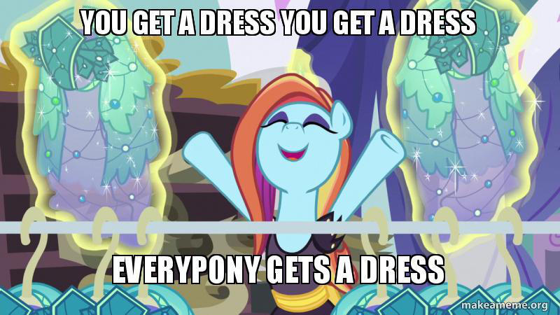 Size: 800x450 | Tagged: safe, artist:xxsolarmoonclipsexx, derpibooru import, edit, edited screencap, screencap, sassy saddles, pony, unicorn, canterlot boutique, caption, clothes, dress, image macro, impact font, magic, meme, oprah winfrey, princess dress, solo, text