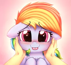 Size: 2500x2300 | Tagged: safe, artist:heavymetalbronyyeah, derpibooru import, rainbow dash, human, pony, :p, blushing, bust, cheek fluff, chest fluff, crying, cute, daaaaaaaaaaaw, dashabetes, ear fluff, eyebrows visible through hair, female, floppy ears, high res, hooves to the chest, leg fluff, lidded eyes, looking at you, mare, offscreen character, offscreen human, pink background, portrait, simple background, tears of joy, tongue out