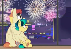 Size: 1493x1019 | Tagged: safe, artist:shinodage, derpibooru import, oc, oc:apogee, oc:jet stream, unofficial characters only, pegasus, pony, body freckles, cute, ear freckles, father and child, father and daughter, female, filly, fireworks, freckles, hug, male, sitting, stallion, teenager, winghug, wings