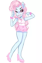 Size: 1999x3001 | Tagged: safe, artist:peachesandcreamated, derpibooru import, oc, oc:lana, unofficial characters only, equestria girls, bracelet, clothes, female, high heels, jewelry, lipstick, one eye closed, shoes, shorts, simple background, solo, white background, wink