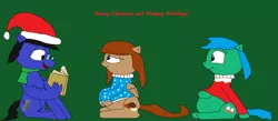 Size: 3064x1336 | Tagged: artist:blazewing, book, christmas, christmas sweater, chubby, clothes, cute, derpibooru import, female, glasses, green background, happy holidays, hat, hearth's warming, holiday, hoof on belly, jewelry, male, mare, necklace, oc, oc:blazewing, oc:maggie, oc:pecan sandy, pearl necklace, pegasus, plump, reading, safe, santa hat, scarf, simple background, sitting, smiling, stallion, sweater, text, unofficial characters only, wing hands, wings