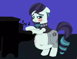 Size: 814x629 | Tagged: safe, artist:mj455, derpibooru import, coloratura, earth pony, pony, belly, belly button, big belly, bipedal, blushing, cute, cutie mark, female, kicking, looking at belly, mare, musical instrument, outie belly button, piano, pregnant, rara