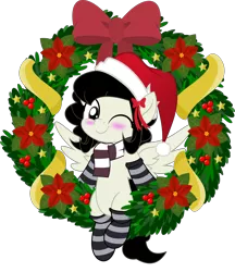 Size: 5000x5786 | Tagged: safe, artist:jhayarr23, derpibooru import, part of a set, oc, oc:marie, unofficial characters only, pegasus, pony, blushing, christmas, clothes, commission, female, hat, holiday, jhayarr23's holiday ych, mare, movie accurate, one eye closed, santa hat, scarf, simple background, socks, solo, striped socks, transparent background, wink, ych result