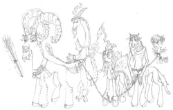 Size: 1024x650 | Tagged: safe, artist:mediocre-grimm, derpibooru import, cozy glow, discord, grogar, lord tirek, queen chrysalis, centaur, changeling, draconequus, goat, pegasus, pony, angry, bow, chains, christmas, cloven hooves, collar, crown, discord gonna get it, hair bow, hearth's warming, hearth's warming eve, holiday, horns, jewelry, krampus, legion of doom, manacles, nose piercing, nose ring, piercing, regalia, switch, the real grogar