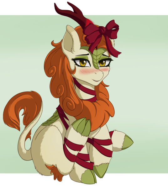 Size: 1428x1600 | Tagged: safe, artist:nathayro37, derpibooru import, autumn blaze, kirin, awwtumn blaze, blushing, bow, christmas, cute, female, holiday, lidded eyes, looking at you, mare, present, quadrupedal, ribbon, simple background, sitting, smiling, solo